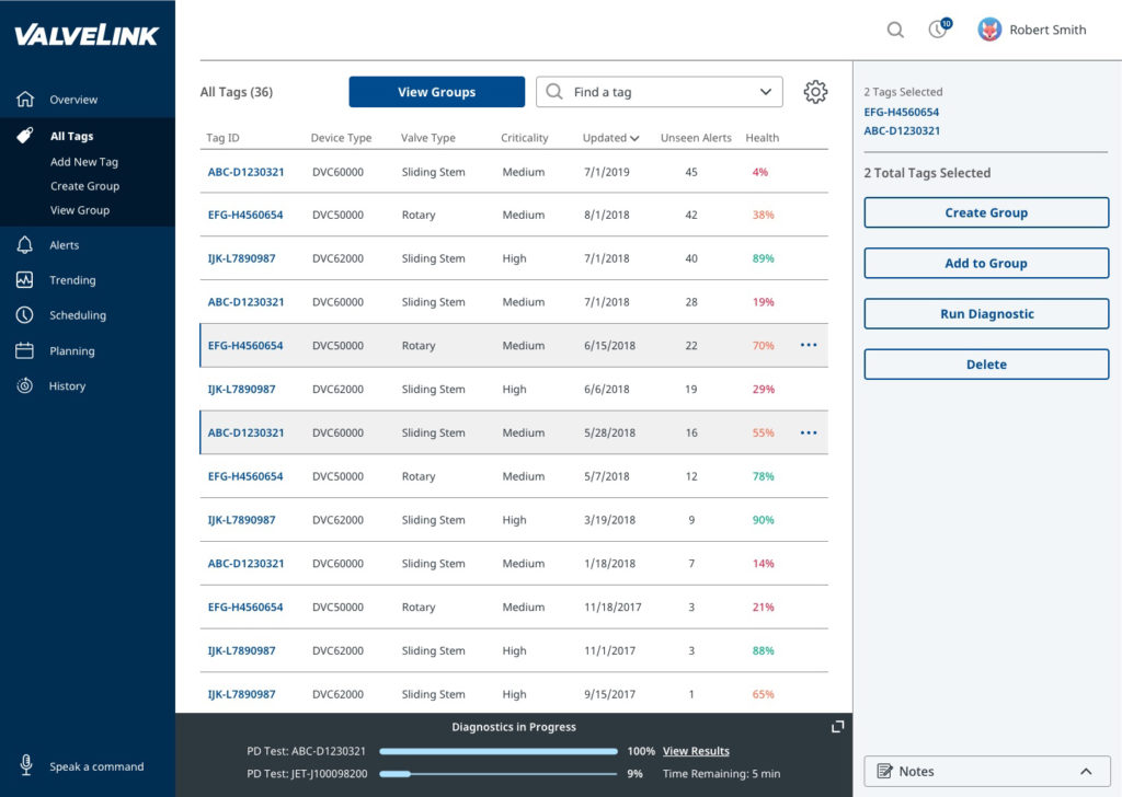 Tag List (tags are the valve IDs)